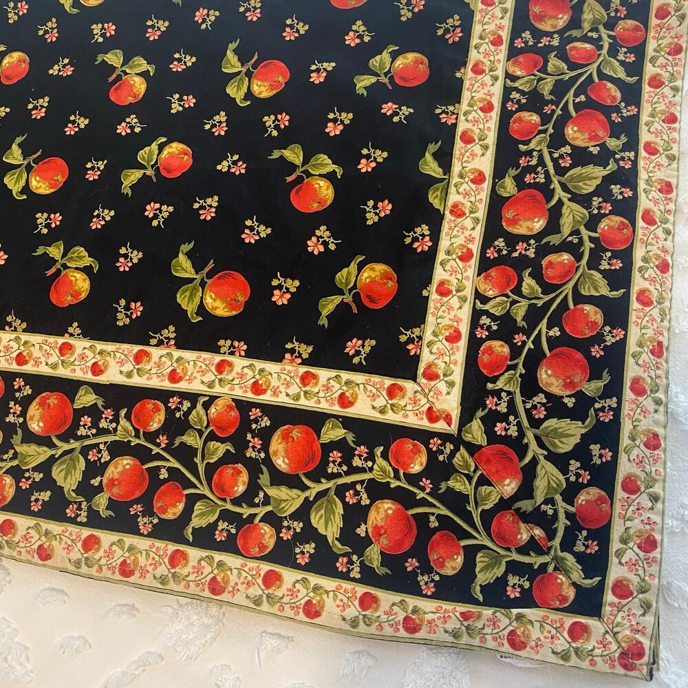 Vintage April Cornell Originals Tablecloth Apples Fruit Cotton Black 82x55